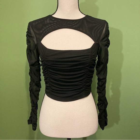Cider Tops - Cider Black Ruched Cutout Crop Top